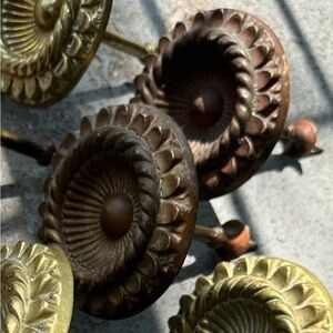 Pair 1940s Brass Medallion Drapery Tie Back Holders / Fixtures Floral Detail